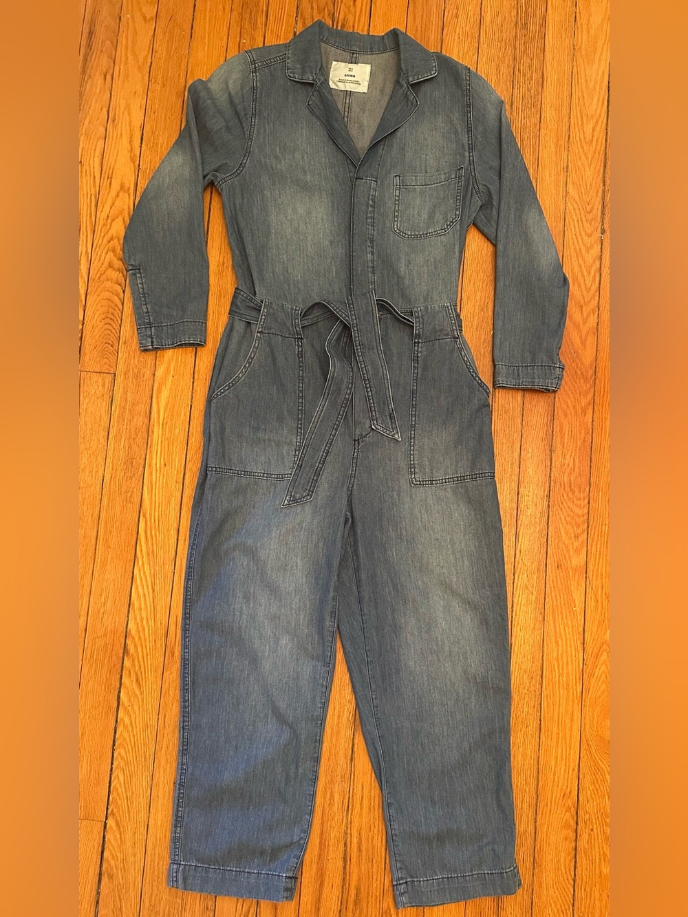 &Denim Chambray Belted Wide Leg Jumpsuit Women's Medium Button Front Sz 8 - Picture 11 of 14